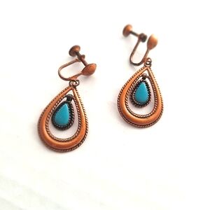 Vintage Teal Turquoise Copper Pierceless Dangle Earrings